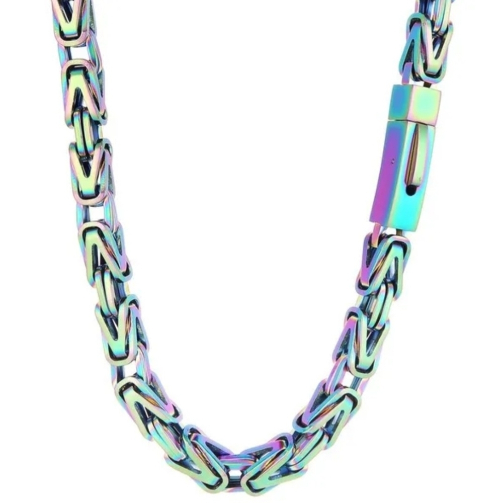 Iridescent Rainbow Stainless Steel Byzantine Chain Necklace.